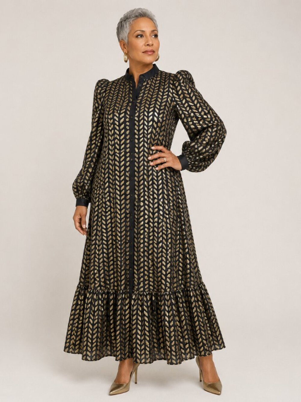 Zara Black Gold Metallic Leaf Print Lantern Sleeve Saloon Skirt Maxi Dress Sz S